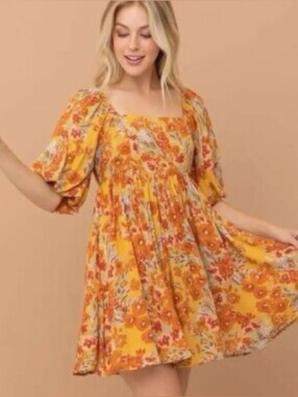 Vestique Babydoll Dress Floral Autumn Fall Colorful Puff-Sleeve Dress - Orange